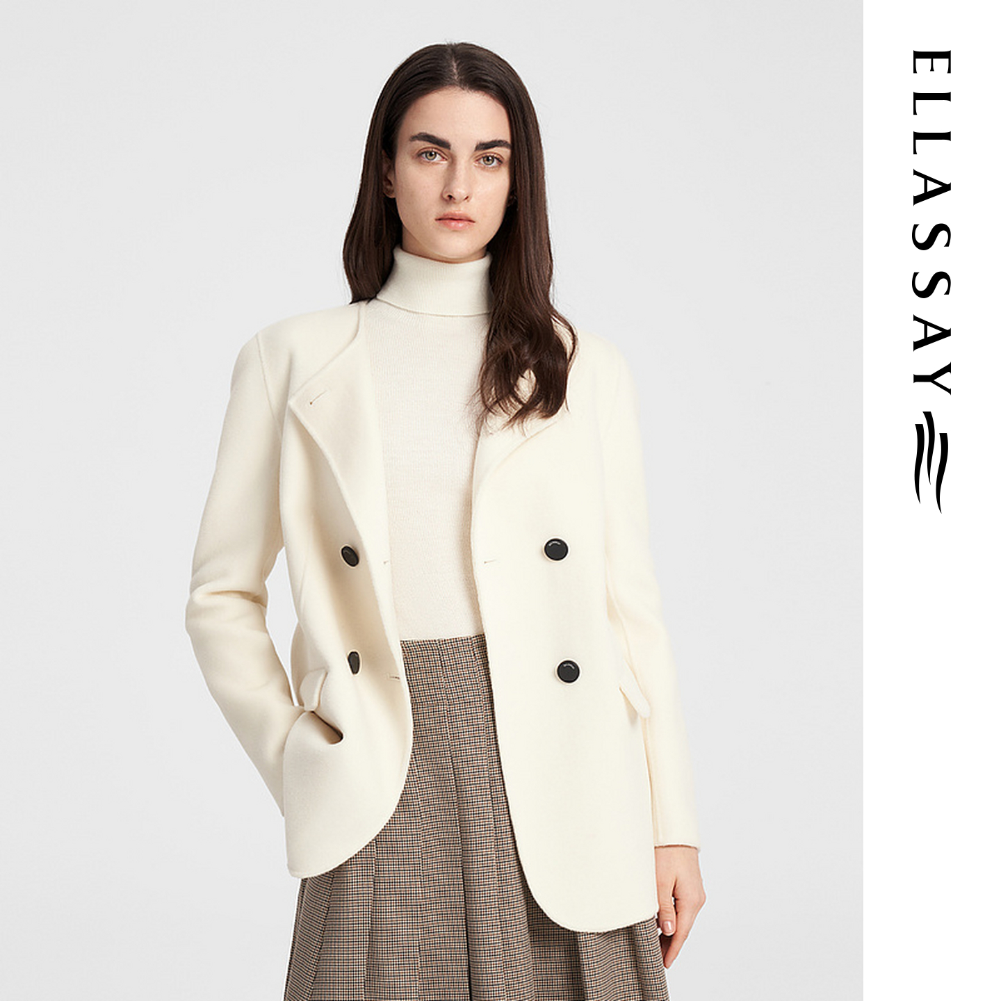 ELLASSAY歌力思秋季新款羊毛羊绒白色毛呢外套女EWB343T01200