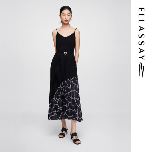 ELLASSAY歌力思夏季新款三醋纤拼接压褶吊带连衣裙女EWF362Y05900