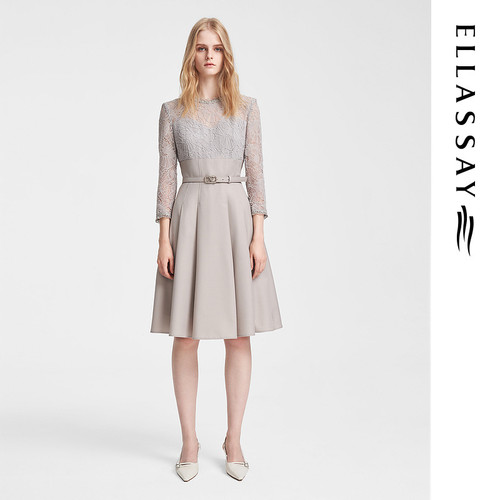 ELLASSAY歌力思2026春季新款绵羊毛蕾丝拼接连衣裙女EWE351Y01900