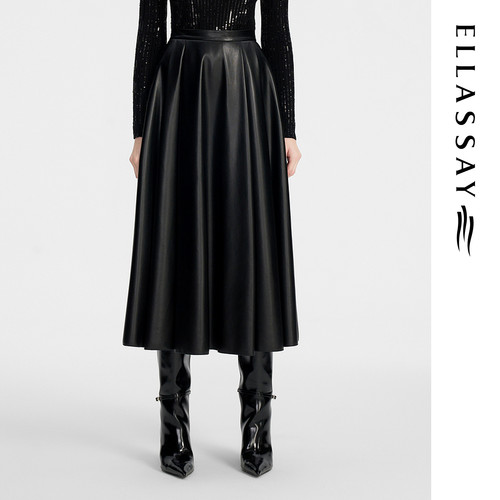 ELLASSAY歌力思秋季新款复古摩登PU皮黑色高腰半身裙EWF353Q03100