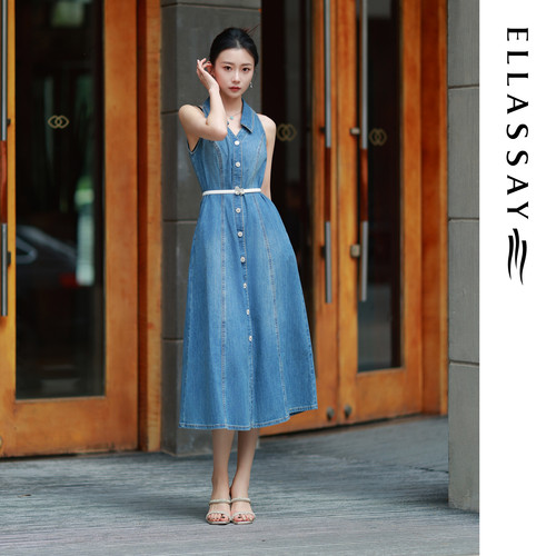 ELLASSAY歌力思夏季新款棉舒适简约丹宁牛仔连衣裙女EWE362N03300