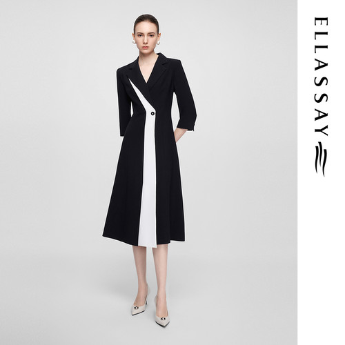 ELLASSAY歌力思早春新款三醋纤黑白撞色长袖连衣裙女EWF361Y06700
