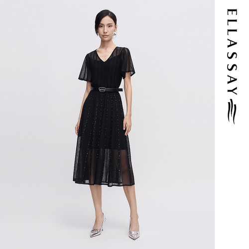 ELLASSAY歌力思春夏新款简约高级感烫钻针织连衣裙女EWF342M02000