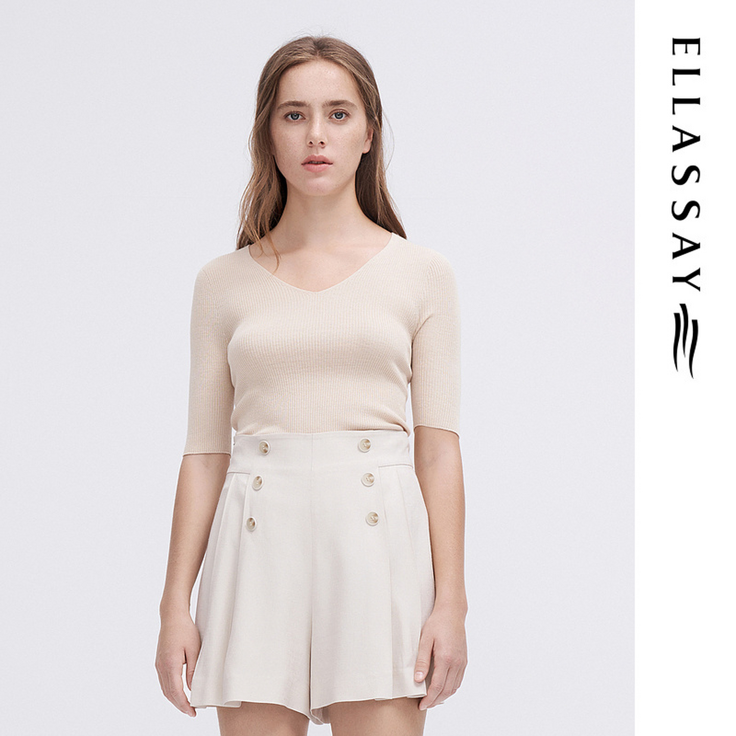 ELLASSAY歌力思夏季新款桑蚕丝V领修身打底针织衫女EWE342M06600