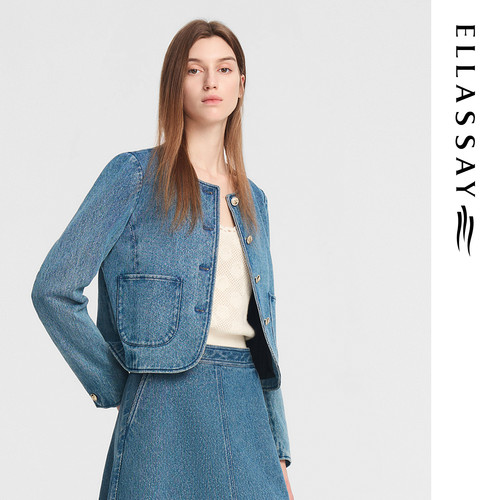 ELLASSAY歌力思秋季新款休闲花呢圆领牛仔短外套女EWE353N00300