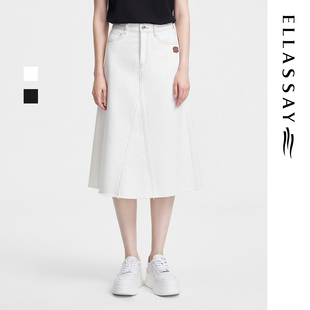 ELLASSAY歌力思春季新款纯棉高腰开叉牛仔裙女EWV351N00400