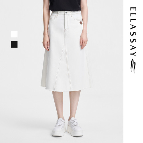 ELLASSAY歌力思春季新款纯棉高腰开叉牛仔裙女EWV351N00400