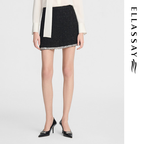 ELLASSAY歌力思早秋新款小香风裙边镶钻短款半身裙女EWE353Q03800