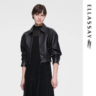 ELLASSAY歌力思早春新款绵羊皮革简约翻领截短皮衣女EWF351X00100