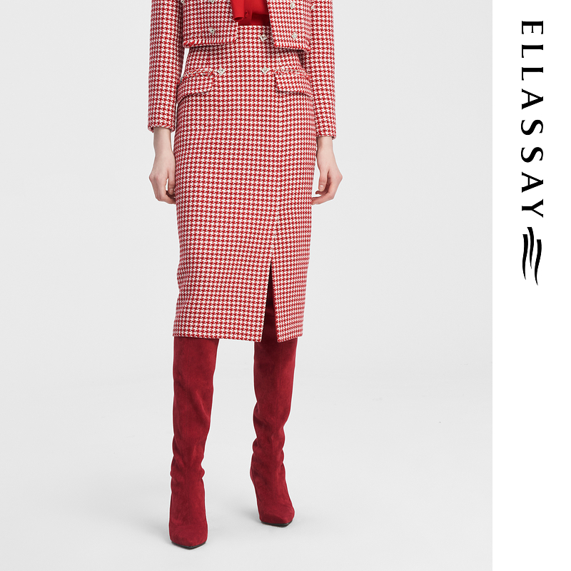 ELLASSAY歌力思秋季新款棉小香风高腰A字半身裙女EWF343Q01100