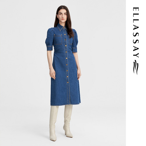 ELLASSAY歌力思秋季新款休闲复古醋酸牛仔裙女EWW343N00600