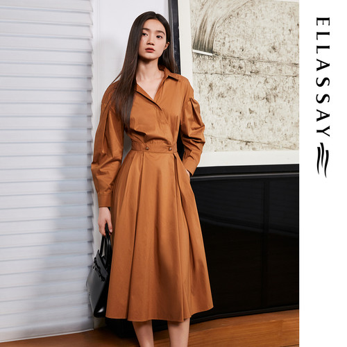 ELLASSAY歌力思春夏新款棉高腰通勤长袖衬衫连衣裙女EWA356Y09900
