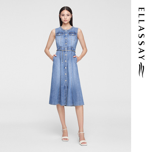 ELLASSAY歌力思夏季新款无袖真丝牛仔连衣裙女EWW352N01500