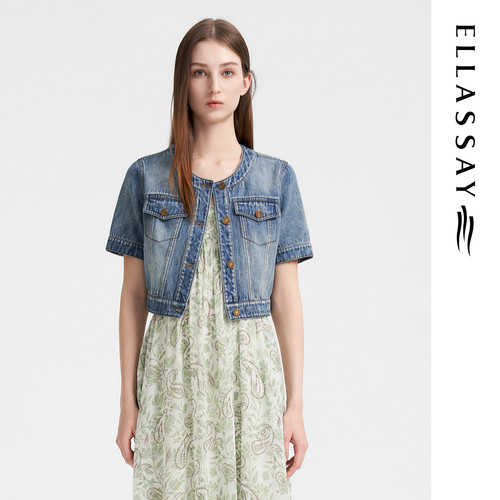 ELLASSAY歌力思夏季新款水洗棉短袖百搭牛仔衬衫女EWB351N01200
