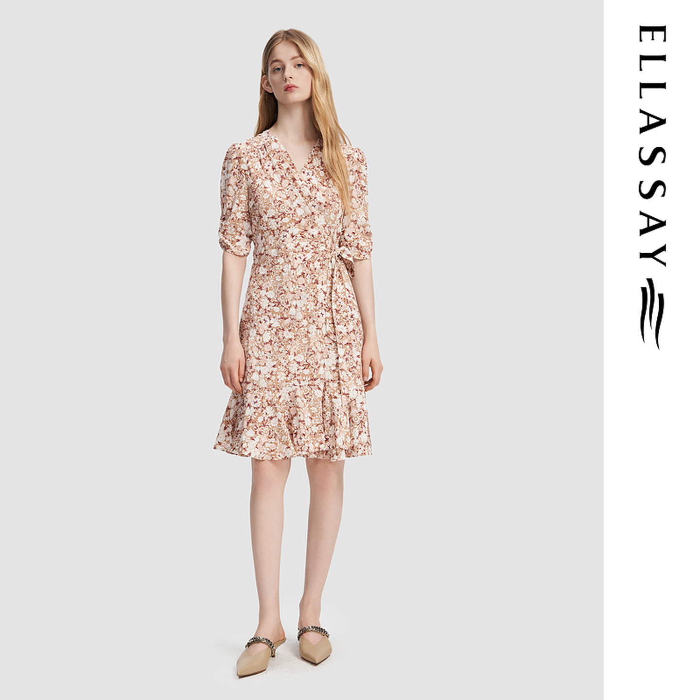 ELLASSAY歌力思夏季新款100%桑蚕丝简约碎花连衣裙女EWU356Y01000