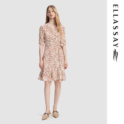 ELLASSAY歌力思夏季新款100%桑蚕丝简约碎花连衣裙女EWU356Y01000