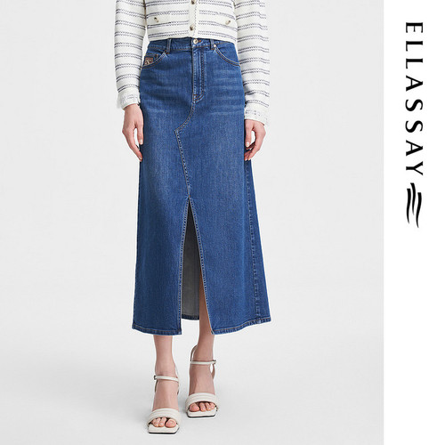 ELLASSAY歌力思春季新款棉前开叉休闲高腰牛仔半裙女EWW351N01000