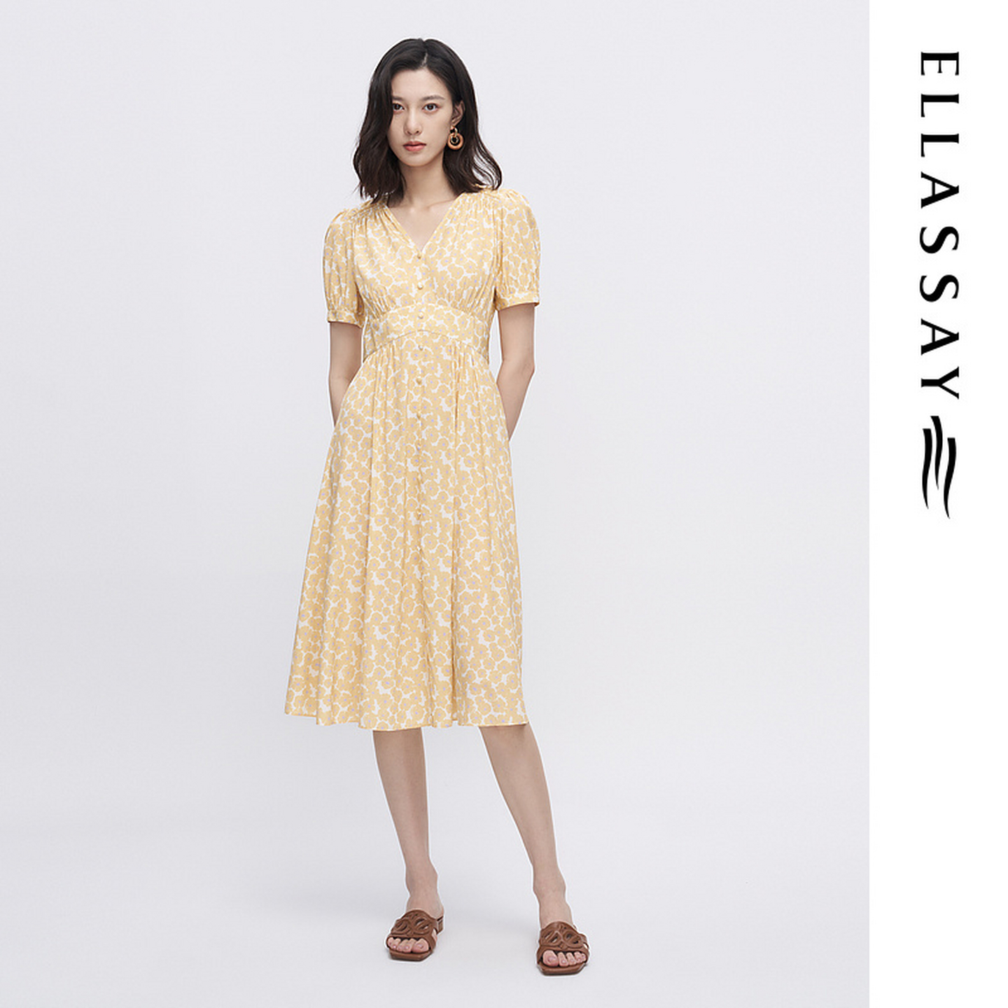 ELLASSAY歌力思夏季新款桑蚕丝V领花园茶歇连衣裙女EWW342Y09600