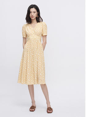 ELLASSAY歌力思夏季新款桑蚕丝V领花园茶歇连衣裙女EWW342Y09600