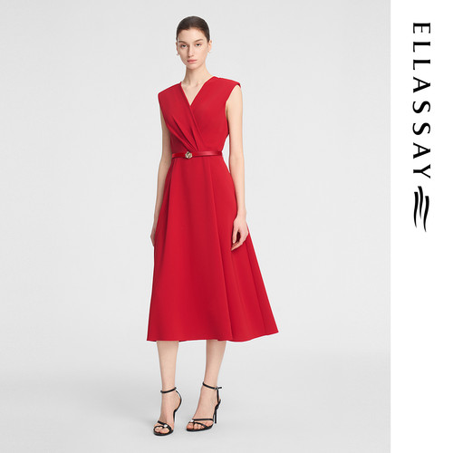 ELLASSAY歌力思夏季新款三醋纤V领收腰气质连衣裙女EWE353U02500