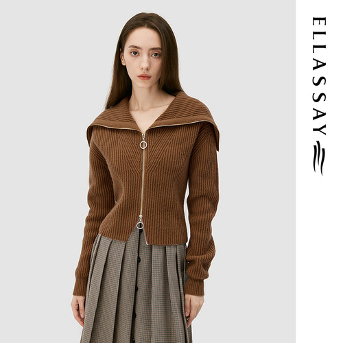 ELLASSAY歌力思秋季新款绵羊毛复古大翻领针织衫女EWB343M02100