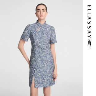 ELLASSAY歌力思早秋新款棉斜襟珠扣小开叉旗袍裙女EWW353Y01800