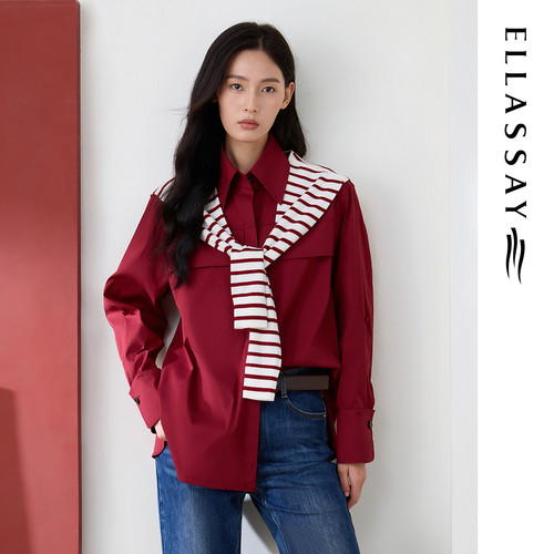 ELLASSAY歌力思26早春新款棉新年红撞色披肩衬衫女EWE371C01300