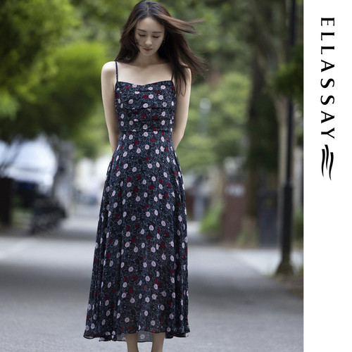 ELLASSAY歌力思秋季新款桑蚕丝复古吊带连衣裙女EWE353Y10800
