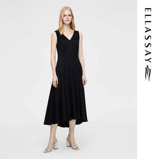 ELLASSAY歌力思夏季新款棉经典优雅黑色V领连衣裙女EWB362Y00300