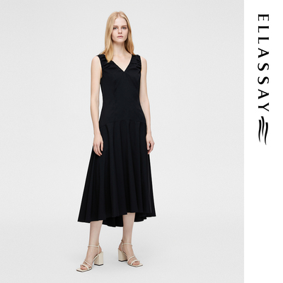 ELLASSAY歌力思夏季新款棉经典优雅黑色V领连衣裙女EWB362Y00300