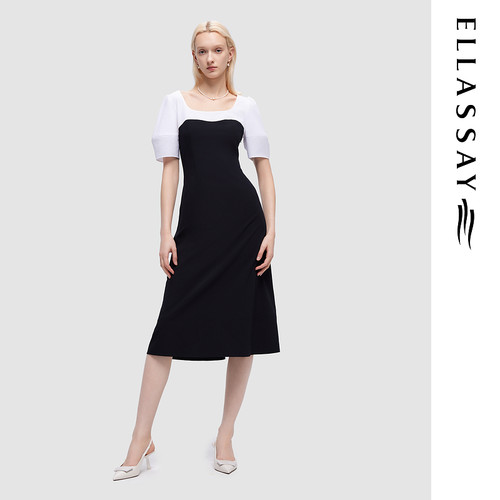 ELLASSAY歌力思夏季新款法式方领撞色连衣裙女EWD352Y12400