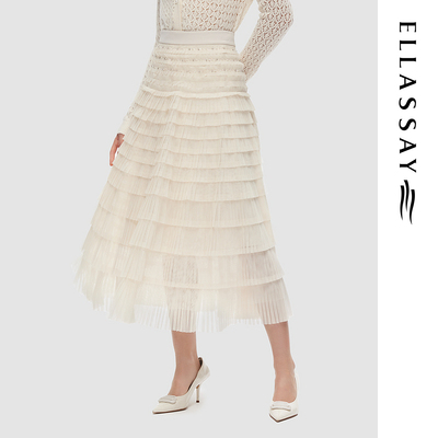 ELLASSAY歌力思秋季新款浪漫纱面压褶蛋糕半身裙女EWE343Q01700