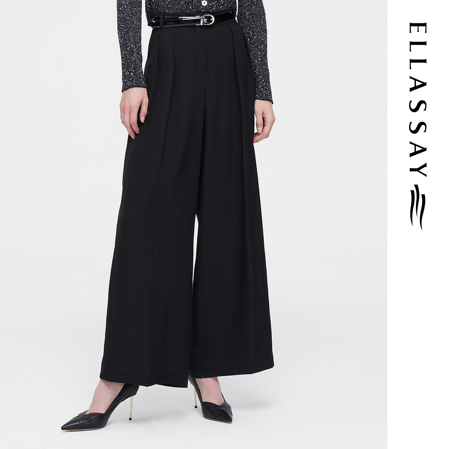 ELLASSAY歌力思早春绵羊毛经典率性压褶阔腿休闲裤女EWF351K00300