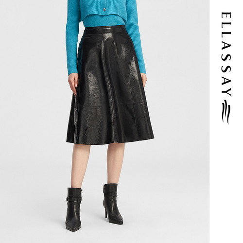 ELLASSAY歌力思秋季新款绵羊皮复古高腰伞裙半身裙女EWE343X00900