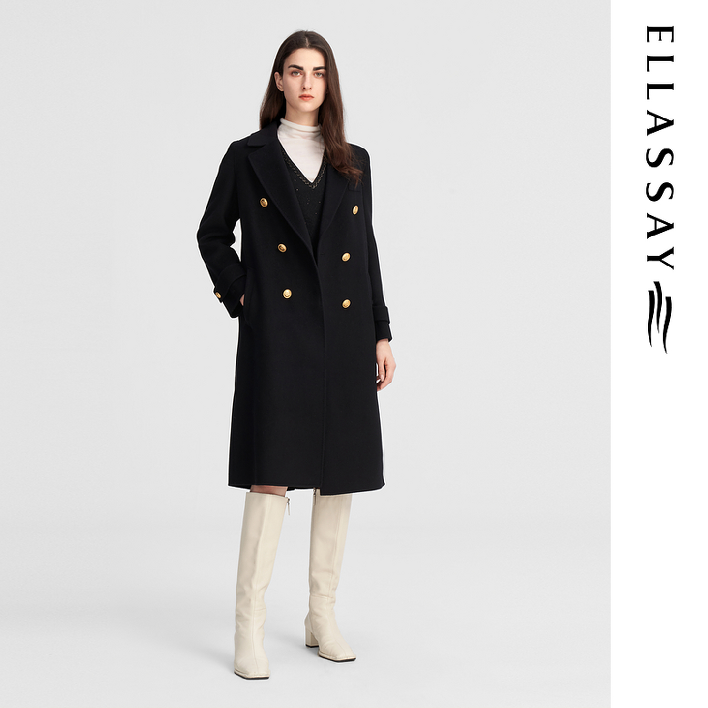 ELLASSAY歌力思秋冬新款绵羊毛气质长款毛呢大衣女EWW346D04700