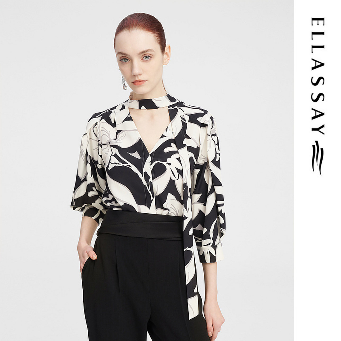 ELLASSAY歌力思秋季新款桑蚕丝灵动飘带印花衬衫女EWF343C00800