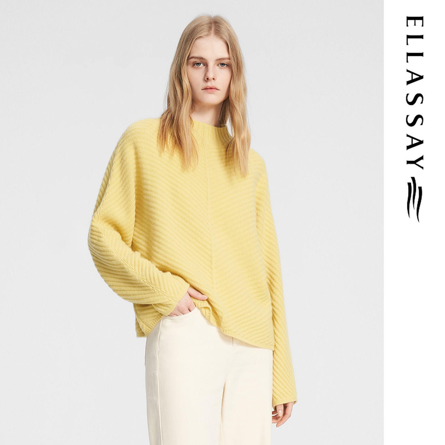 ELLASSAY歌力思秋冬新款绵羊毛坑条肌理亮黄针织衫女EWE354M10700