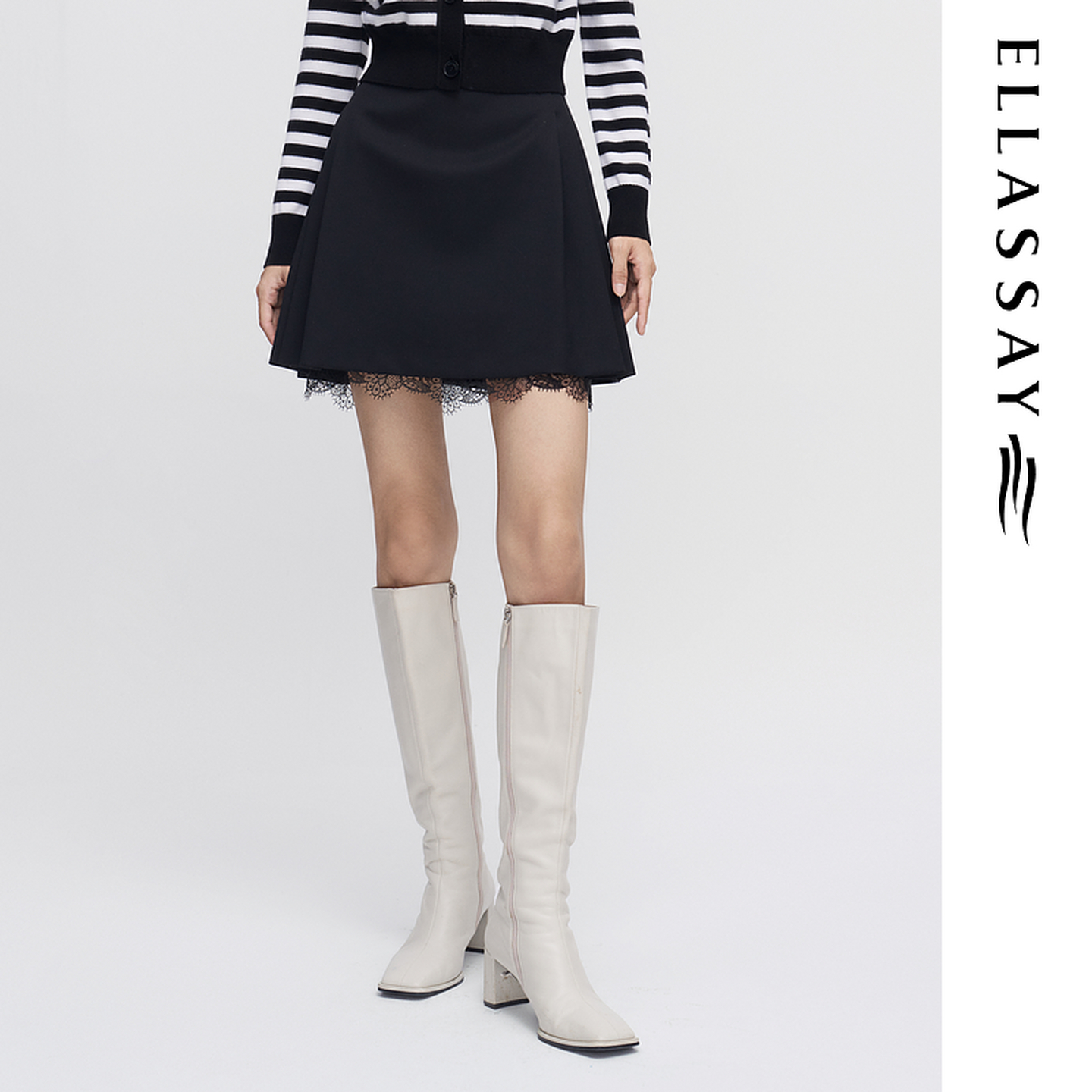 ELLASSAY歌力思春夏新款羊毛蕾丝边压褶A字半身裙女EWE341Q02900