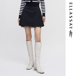 ELLASSAY歌力思春夏新款 羊毛蕾丝边压褶A字半身裙女EWE341Q02900