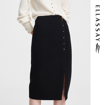 ELLASSAY歌力思春季新款三醋酸开叉设计高腰半身裙女EWF351Q02400