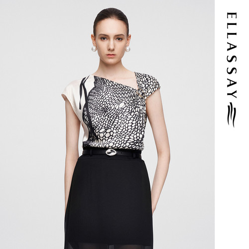 ELLASSAY歌力思夏季新款织网花型不规则斜领T恤女EWF362C00400