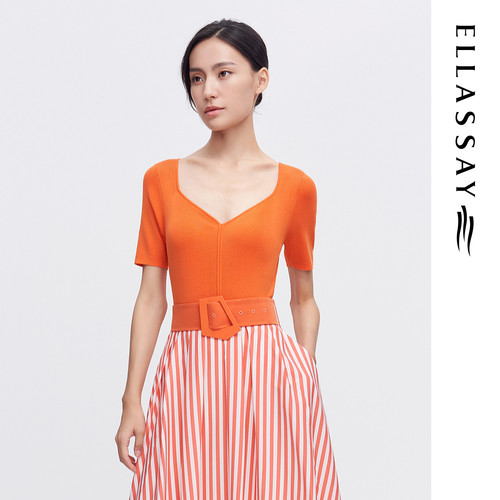 ELLASSAY歌力思夏季新款棉心形领简约修身针织衫女EWE342M06200