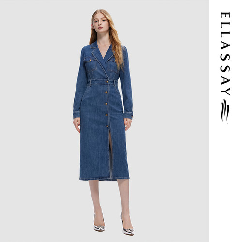 ELLASSAY歌力思秋冬新款百搭翻领牛仔连衣裙女EWD353N01100