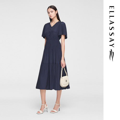 ELLASSAY歌力思夏季新款气质V领收腰中长款连衣裙女EWW352Y06700