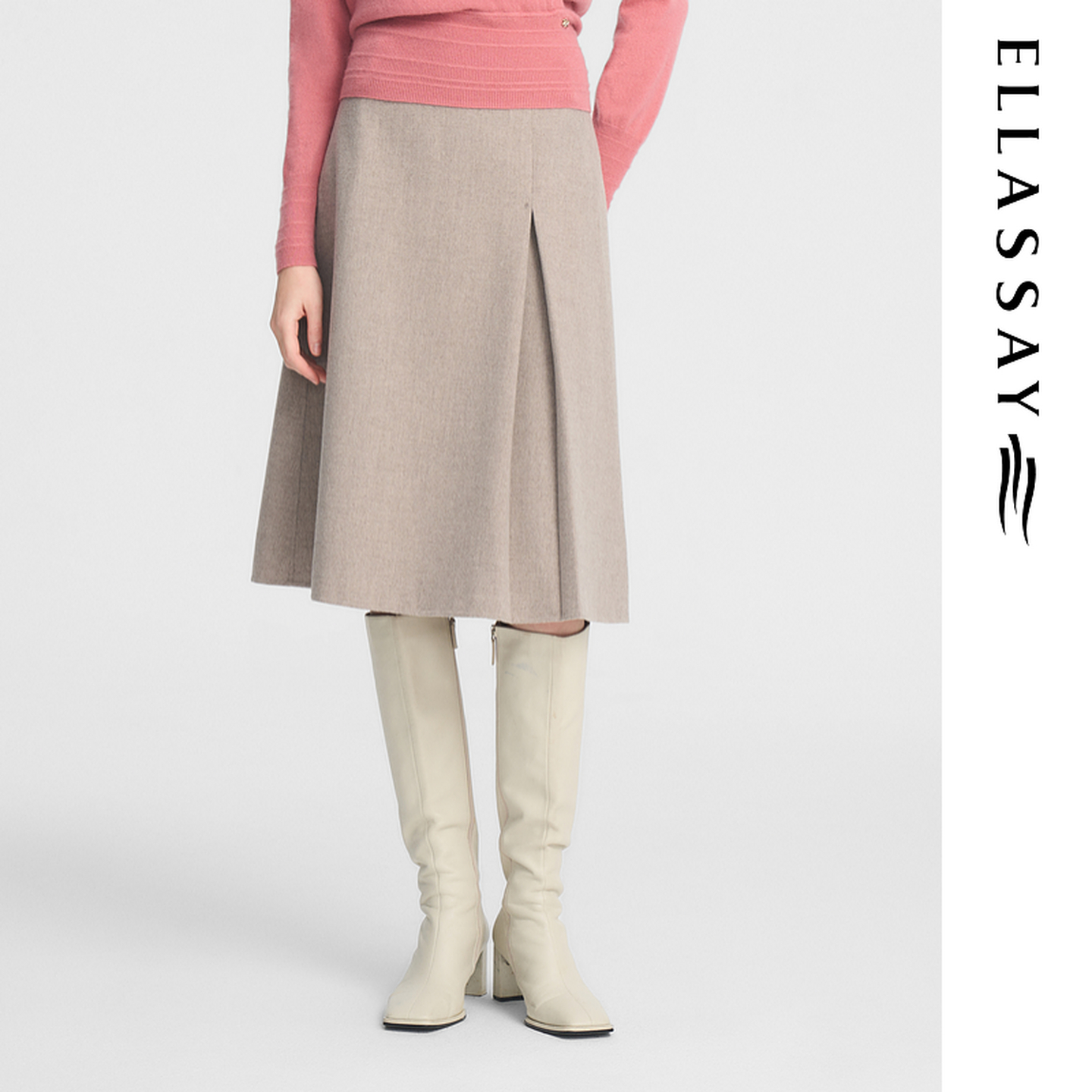 ELLASSAY歌力思秋冬新款复色双面羊毛工字褶半身裙女EWF354Q03600