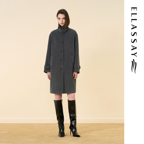 ELLASSAY歌力思2026冬季新款绵羊毛灰色翻领大衣女EWD376D024DX