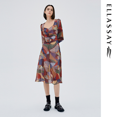 ELLASSAY歌力思秋冬新款捏褶收腰修身浪漫印花连衣裙EWW333Y08100