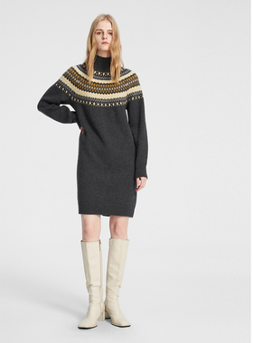 ELLASSAY歌力思秋冬新款绵羊毛费尔岛花纹连衣裙女EWE354M16300