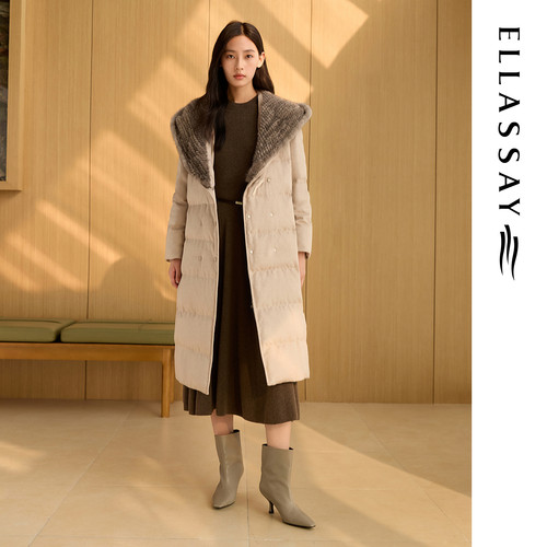 ELLASSAY歌力思冬季新款鹅绒丝毛水貂帽长款羽绒服女EWF364L02300