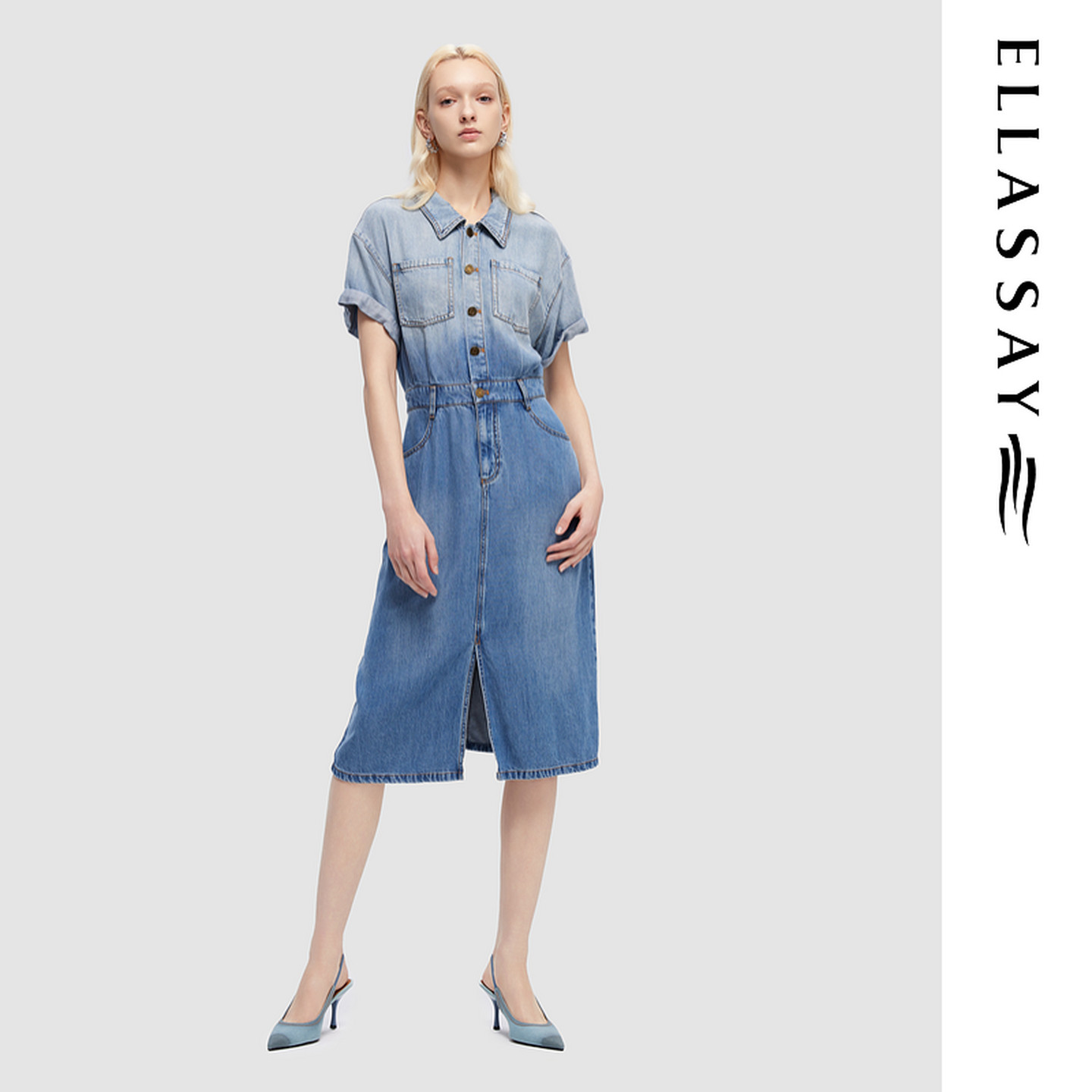 ELLASSAY歌力思春夏新款渐变莱赛尔牛仔衬衫连衣裙女EWD351N00300